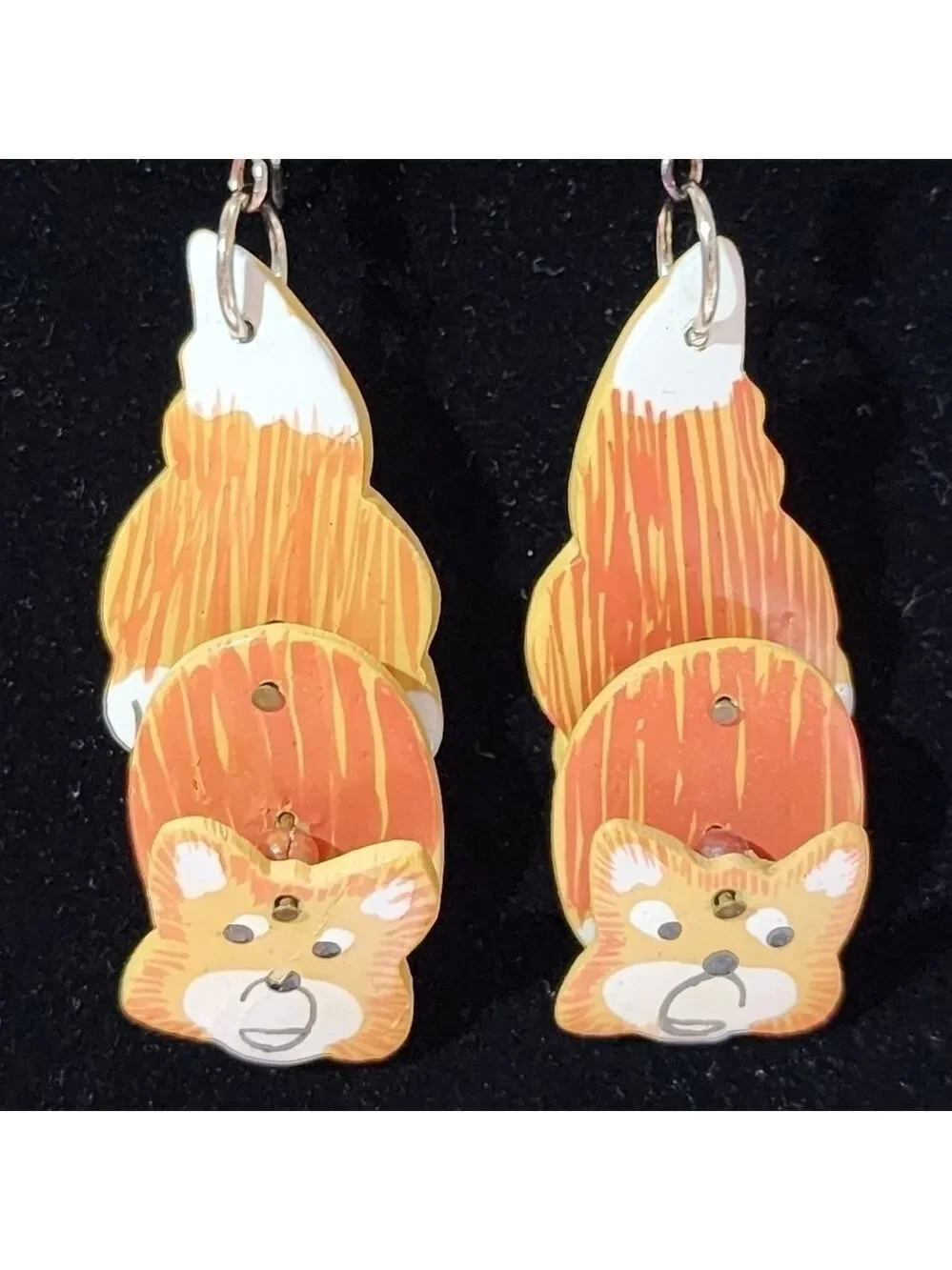 Vtg Handmade painted wood articulated dangle Cat or Fox earrings pierced